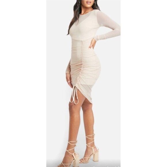 Bebe New Bodycon Solid Beige Nude Sheer Long Sleeve Ruched Mini Dress Xs - Picture 3 of 12